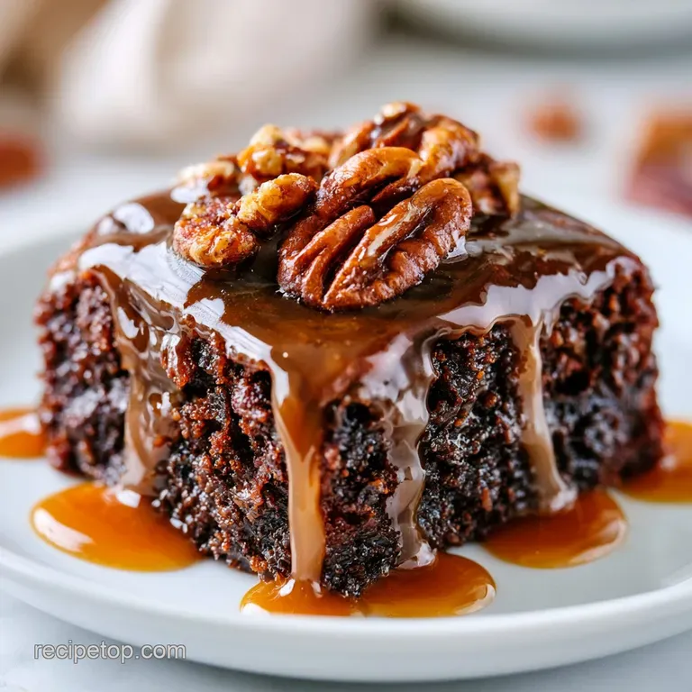 Thick chocolate bars topped with gooey caramel and golden pecans, artfully arranged on a minimalist ceramic plate.