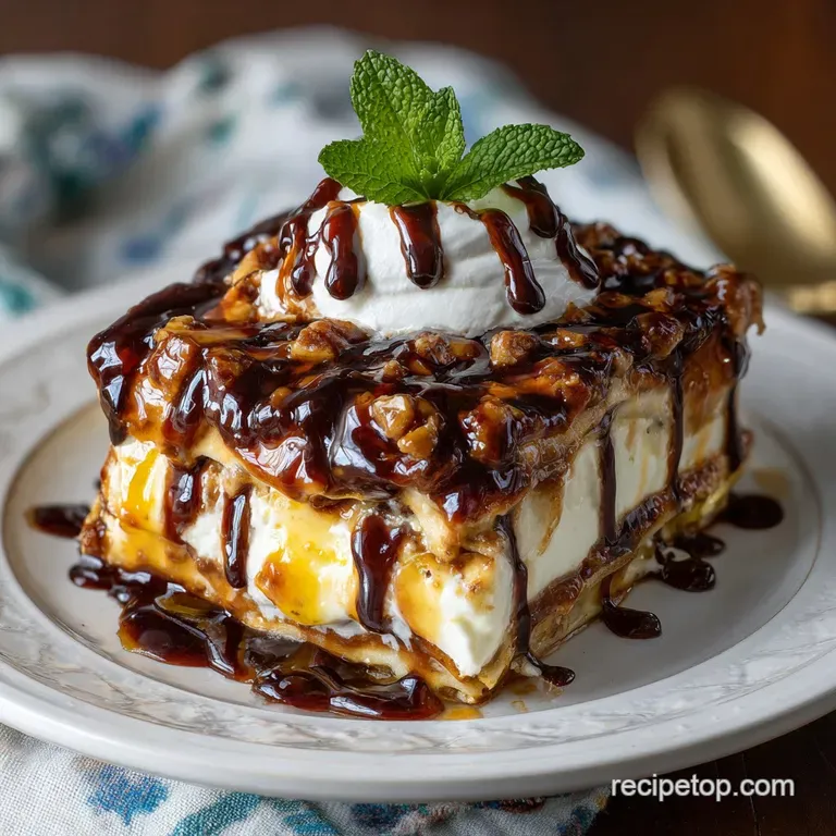 Slice of layered dessert showing crust, fudge, pecans, caramel, and whipped cream. Dessert sits on a plate with caramel dr...