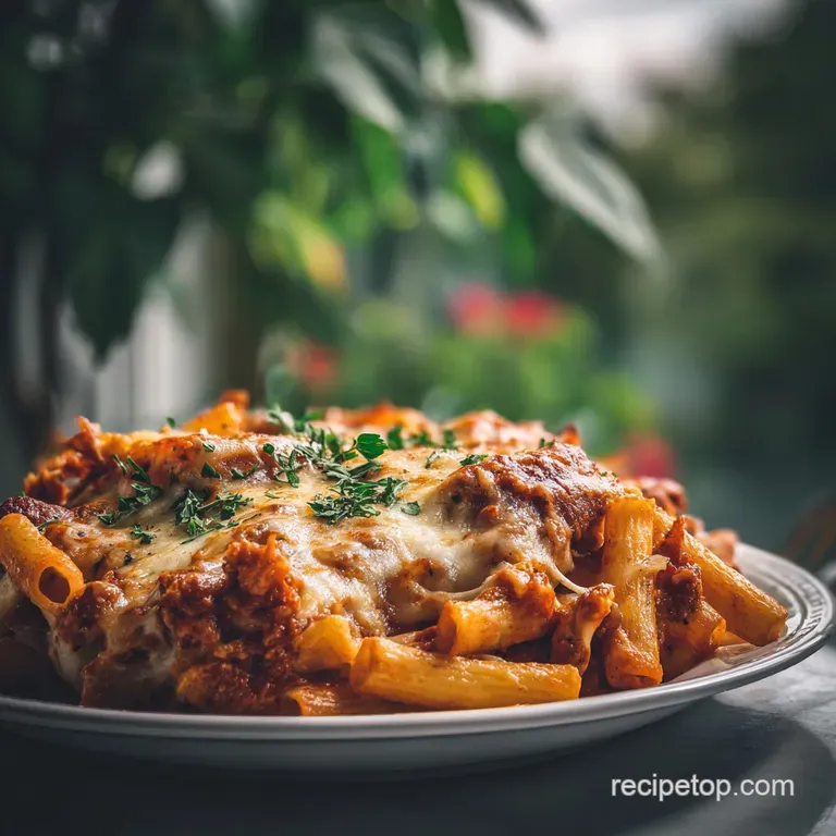 A single serving of baked ziti, steam rising, with a sprinkle of fresh parsley for color. A rustic and inviting presentation.