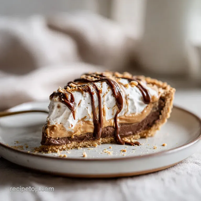 Slice of peanut butter pie on a white plate with chocolate shavings; smooth filling contrasts the crumbly crust.