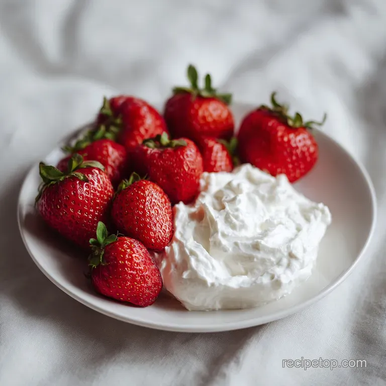 A fluffy pink cream dip topped with a heart-shaped strawberry, arranged on a white ceramic platter with fresh mint.
