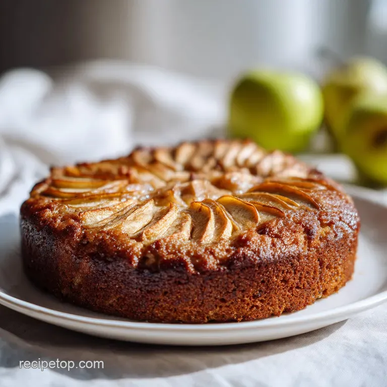 Warm slice of vegan apple cake on a white plate, drizzled with caramel sauce; a comforting dessert for a cozy afternoon tr...