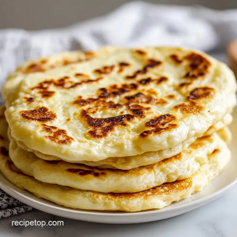 A stack of warm, pillowy naan bread on a rustic wooden board, light reflecting off the slightly oiled surface.
