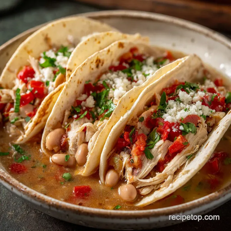 A vibrant taco piled high with creamy white chicken chili, nestled against a backdrop of colorful toppings, lime, and cila...
