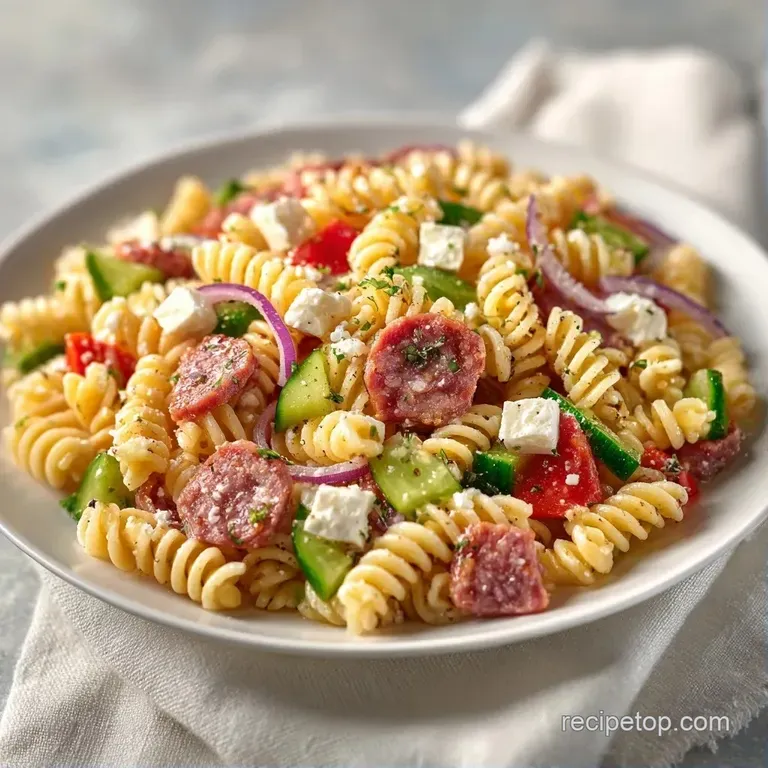 Vibrant pasta salad in a white ceramic bowl, topped with fresh parsley and served on a rustic linen napkin.