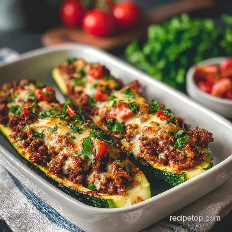 Zucchini boat halves filled with savory ground beef and melted cheese, garnished with fresh herbs, on a white plate.