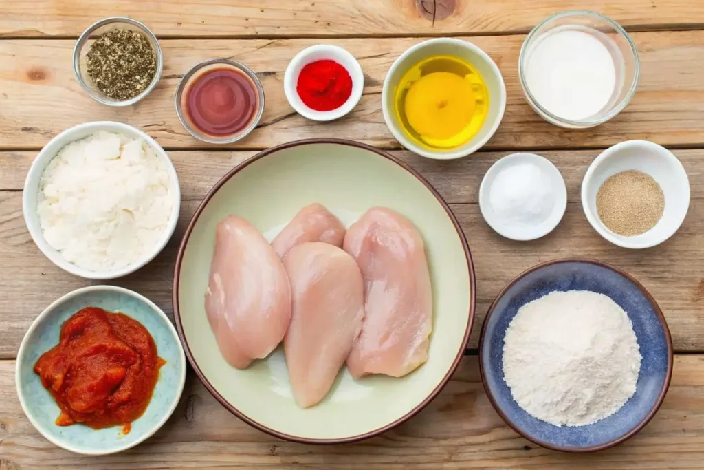 Flat lay of ingredients for making spicy chicken tenders