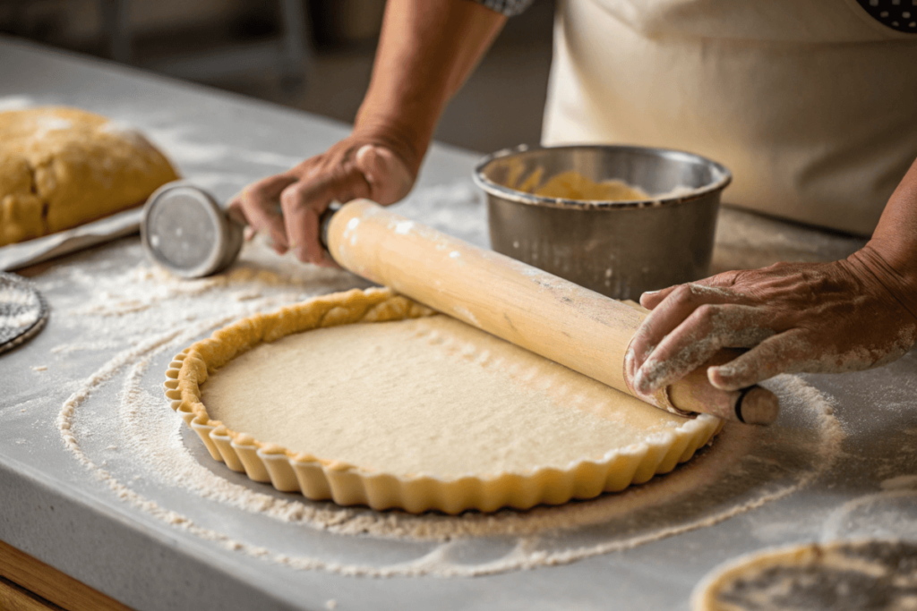 "Fresh ingredients for Pillsbury chicken pot pie, including diced chicken, chopped vegetables, flaky pie crust, and spices arranged neatly on a wooden countertop.