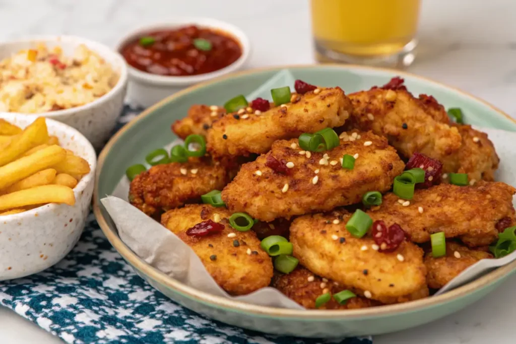 Spicy chicken tenders served with sides and dipping sauces


