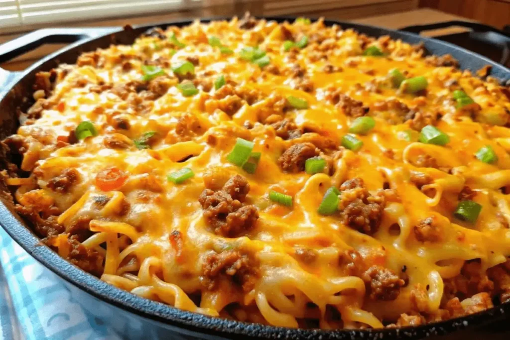 Layered perfection—hamburger and hash brown potato casserole being prepared for the oven with a cheesy topping.