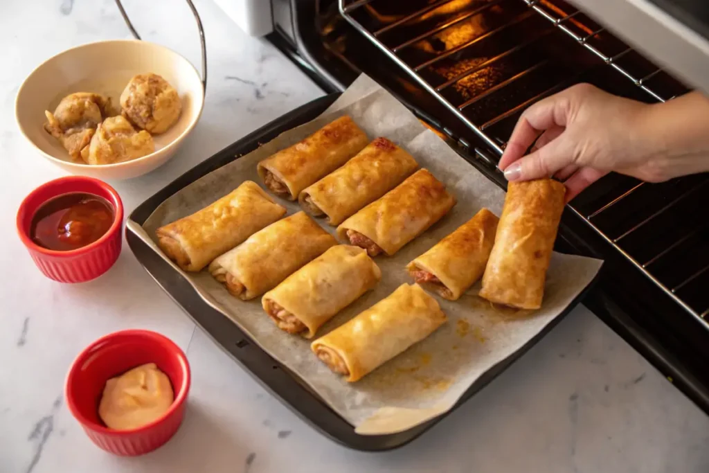  Baked egg rolls cooking in the oven