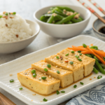 "Served egg tofu slices garnished with green onions, sesame seeds, and soy sauce, paired with rice and stir-fried vegetables on a white plate."