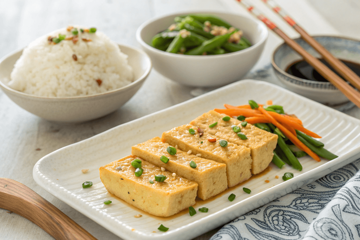 "Served egg tofu slices garnished with green onions, sesame seeds, and soy sauce, paired with rice and stir-fried vegetables on a white plate."