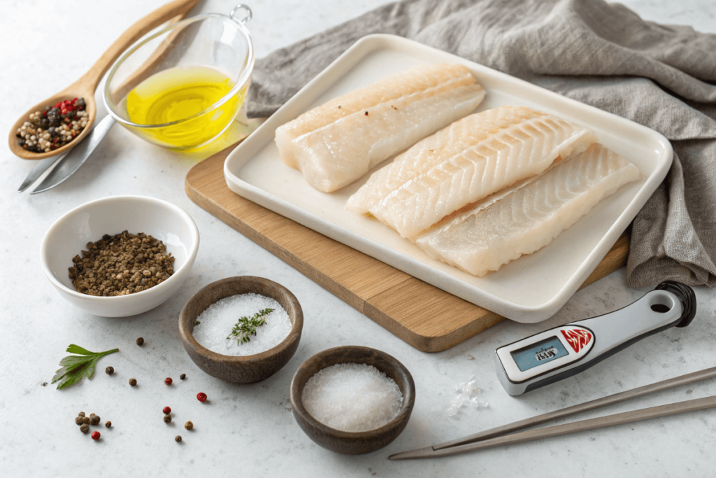  Fresh cod fillets with seasonings and olive oil on a kitchen counter