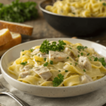 A steaming plate of chicken noodle dish with egg noodles, garnished with parsley, served alongside crusty bread.