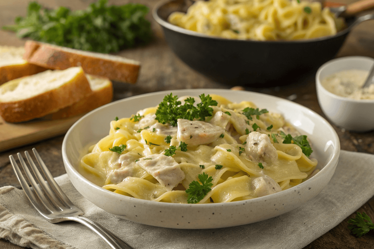 A steaming plate of chicken noodle dish with egg noodles, garnished with parsley, served alongside crusty bread.