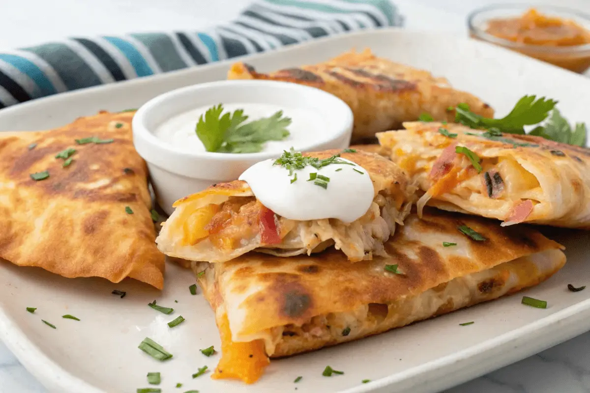 Golden, crispy chicken bacon ranch quesadilla slices served with ranch, guacamole, and pico de gallo on a rustic plate.