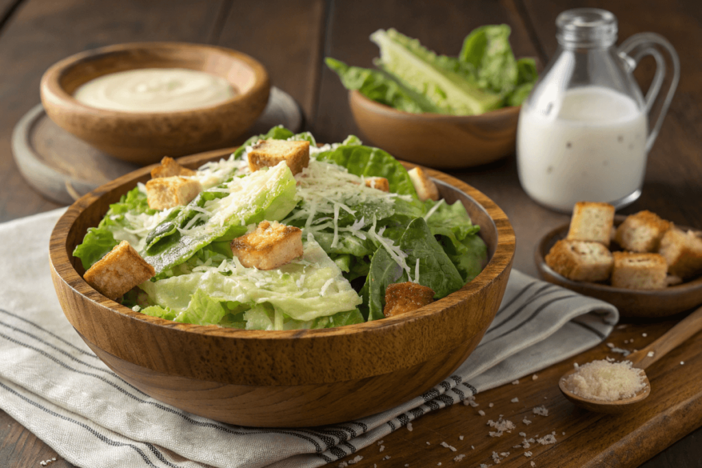 A bowl of fresh Caesar salad with garlic croutons, Parmesan cheese, and creamy dressing.

