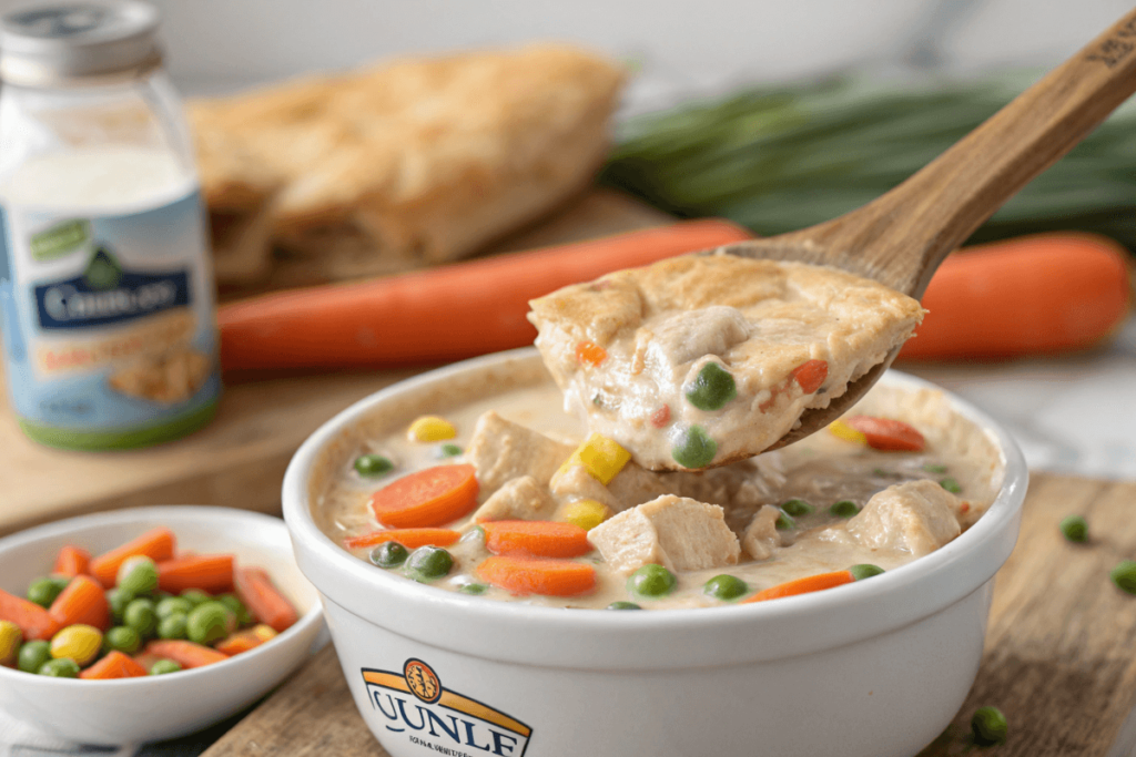 Close-up of creamy chicken pot pie filling with chicken, peas, carrots, and corn.

