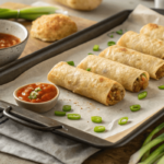 Golden-brown baked egg rolls on a parchment-lined tray served with sweet chili and soy dipping sauces, garnished with sesame seeds and cilantro."