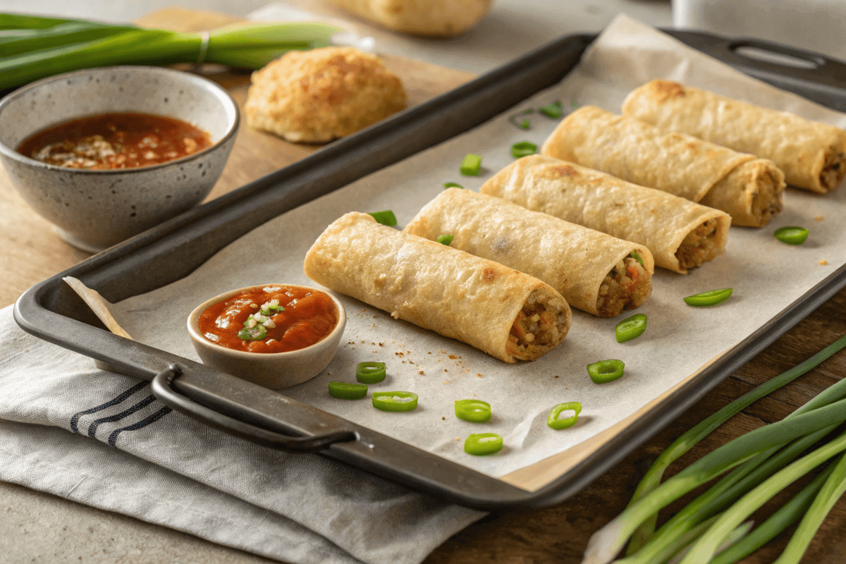 Golden-brown baked egg rolls on a parchment-lined tray served with sweet chili and soy dipping sauces, garnished with sesame seeds and cilantro."