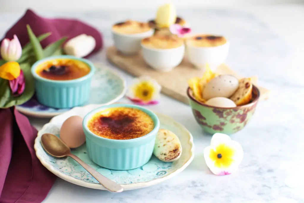 A ramekin of crème brûlée made with duck eggs, featuring a golden caramelized sugar crust and creamy custard filling.