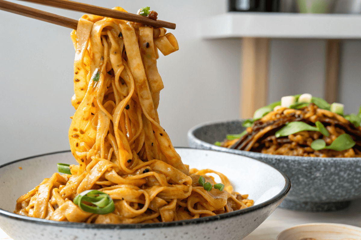 A steaming bowl of egg noodles topped with seasoned ground beef, fresh parsley, and grated cheese, served on a rustic wooden table.