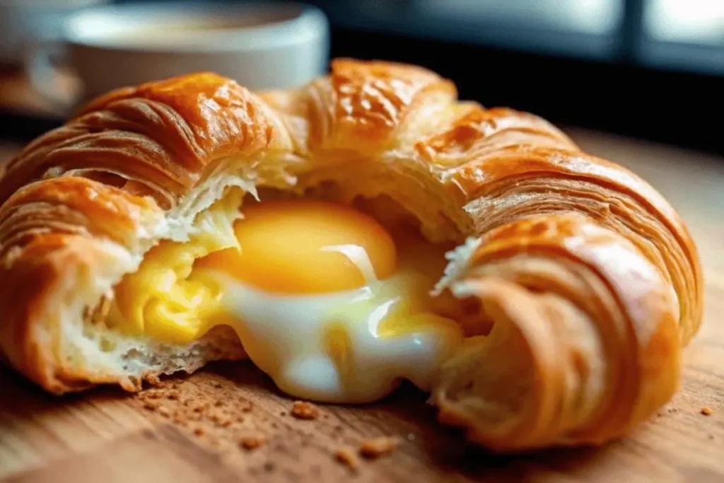 Close-up of a baked croissant being filled with scrambled eggs and melted cheese.
