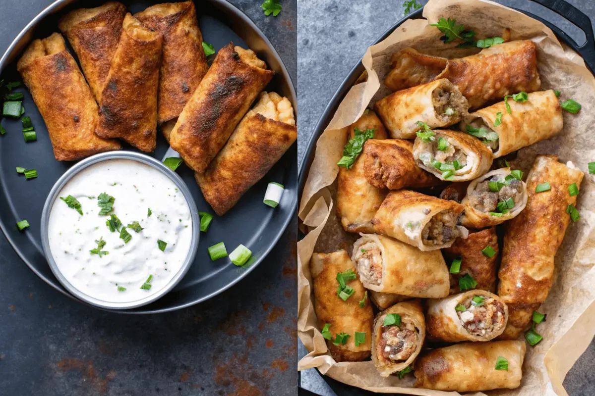 A plate of fried Philly cheesesteak egg rolls served with cheese sauce, marinara, and ranch, garnished with fresh parsley on a rustic table.