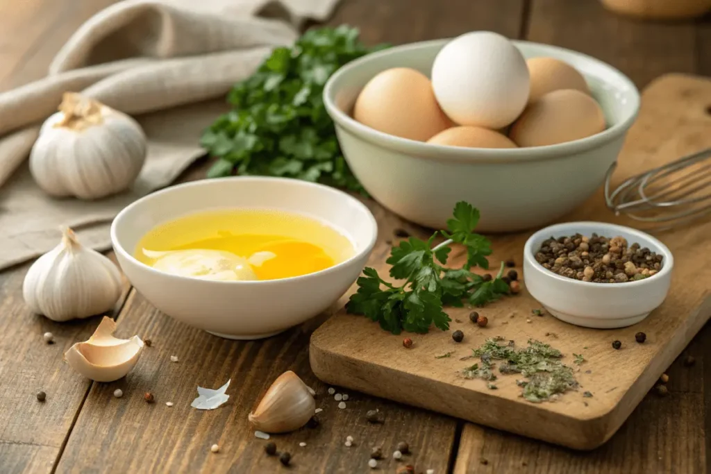 "Ingredients for garlic butter eggs including fresh eggs, melted butter, minced garlic, parsley, and seasonings laid out on a rustic table.