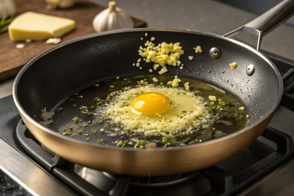 "A skillet with bubbling golden butter and minced garlic, showing an egg being cracked into the center, perfect for the garlic butter eggs recipe."