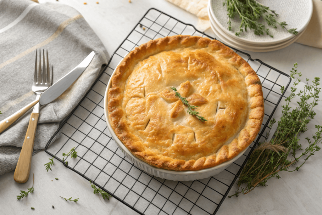 Freshly baked chicken pot pie with a golden, flaky crust and crimped edges.