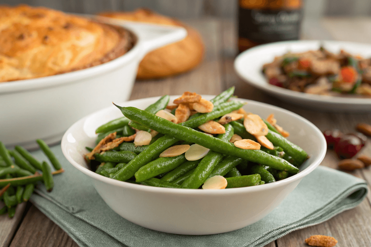 Cheesy baked asparagus, honey-glazed carrots, and Parmesan Brussels sprouts plated beautifully around a golden chicken pot pie.