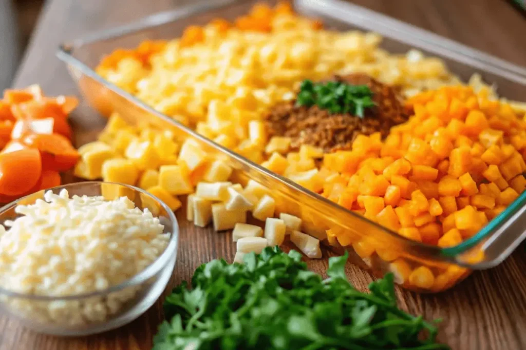 Ingredients for hamburger and hash brown potato casserole, including ground beef, shredded hash browns, sour cream, cheddar cheese, and seasonings, arranged on a rustic kitchen counter.