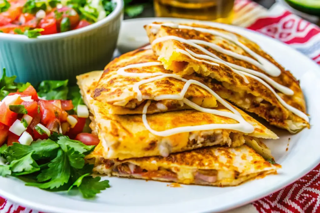 Crispy chicken bacon ranch quesadillas with melted cheese and jalapeños on a wooden board with ranch dip.

