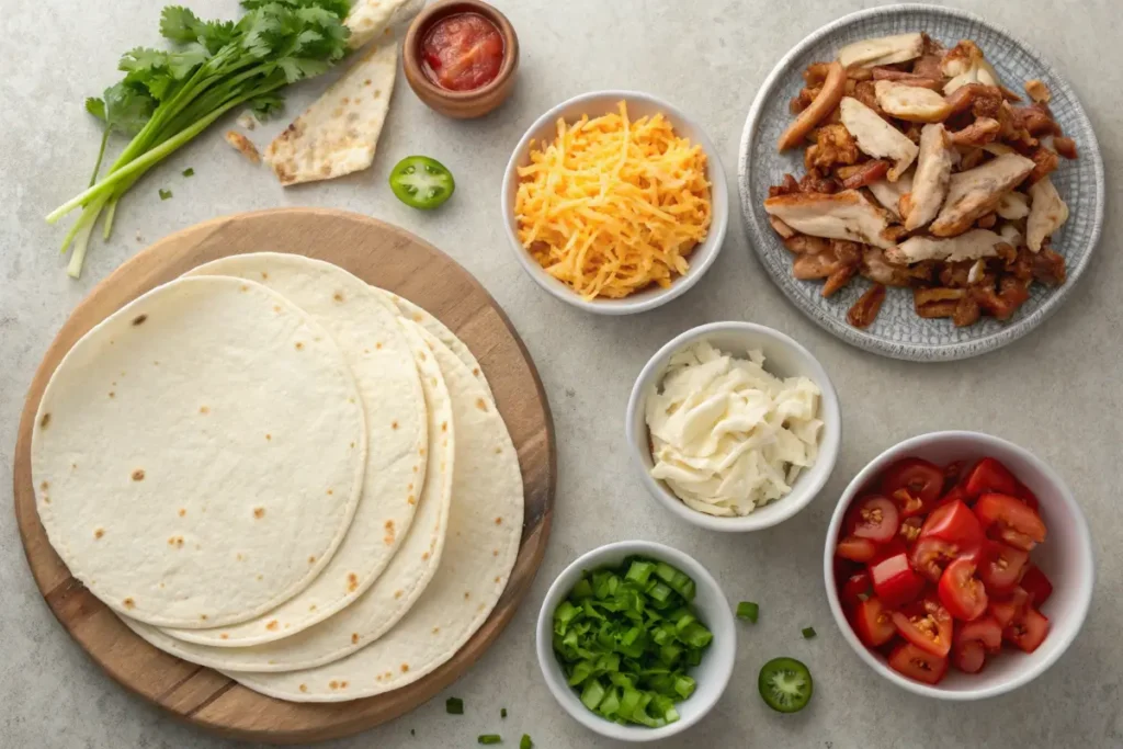 Ingredients for chicken bacon ranch quesadillas including tortillas, chicken, bacon, cheese, ranch, tomatoes, jalapeños, and green onions.
