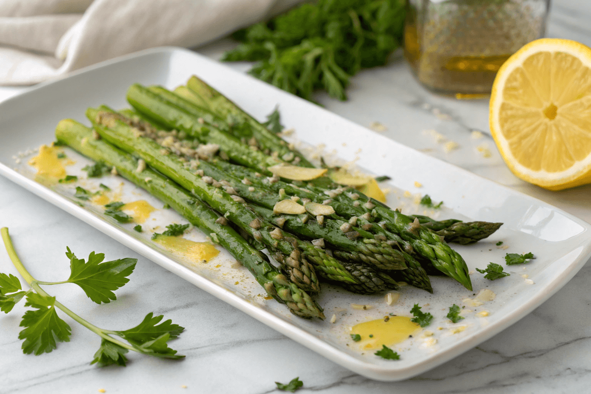 Grilled asparagus topped with lemon zest, minced garlic, and grated Parmesan on a white plate.