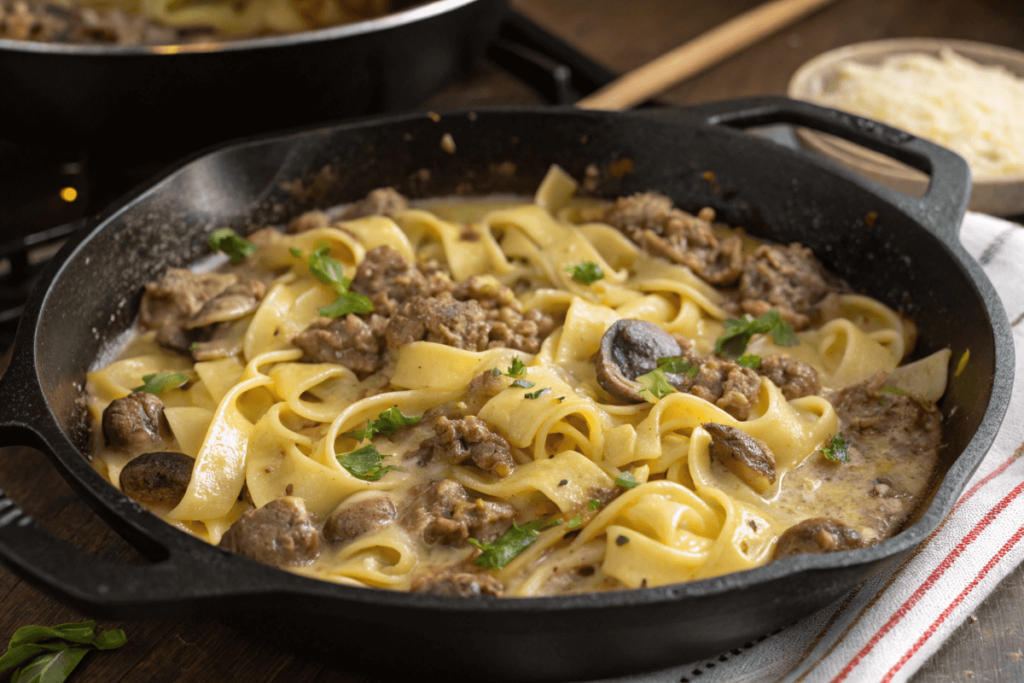  A cast-iron skillet filled with egg noodles, ground beef, sautéed onions, mushrooms, and a creamy sauce bubbling on the stove.