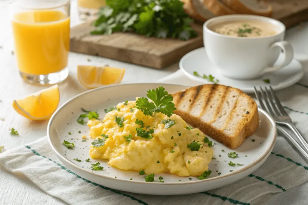 Freshly cooked garlic butter eggs served on a white plate with golden toasted bread, garnished with parsley, alongside orange juice and coffee.