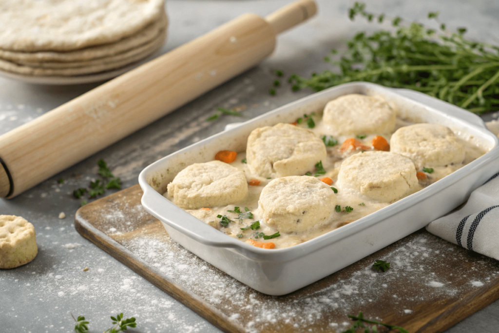 Step-by-step preparation of a chicken pot pie casserole with raw biscuit dough being added to the creamy filling in a casserole dish