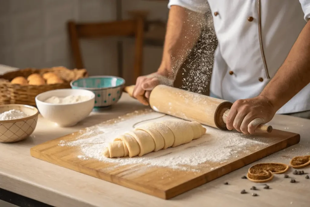 A baker rolling out croissant dough with a rolling pin on a floured wooden surface.
