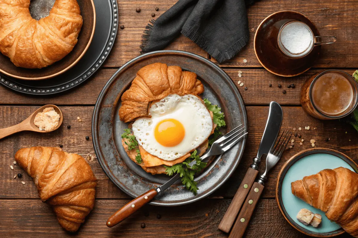 A golden-brown egg and cheese croissant on a white plate, garnished with parsley, and paired with a steaming coffee cup.