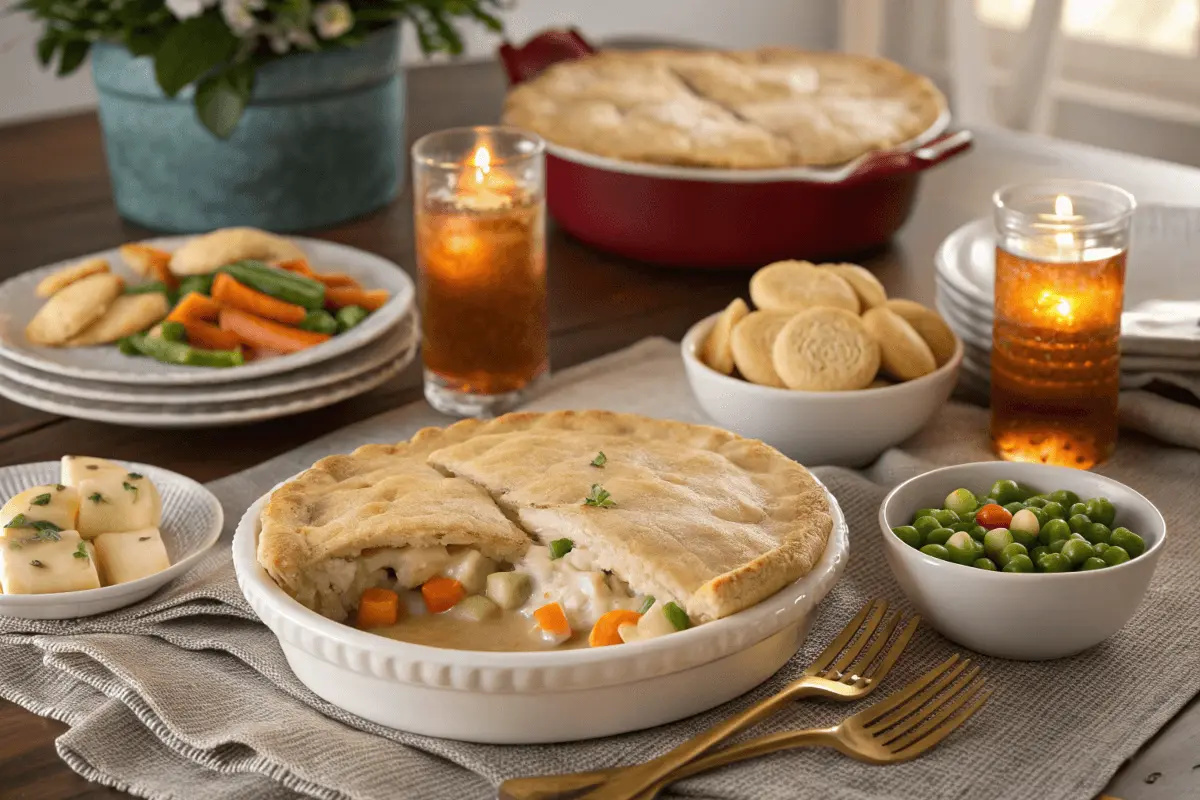 "Homemade Chicken Pot Pie Casserole & Biscuits baked to golden perfection."