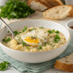 A bowl of creamy pastina with egg, garnished with parsley and Parmesan, served with crusty bread on a rustic table.