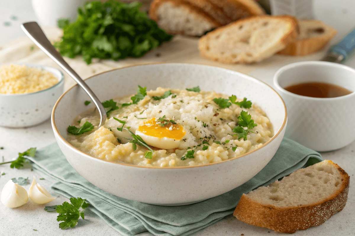 A bowl of creamy pastina with egg, garnished with parsley and Parmesan, served with crusty bread on a rustic table.