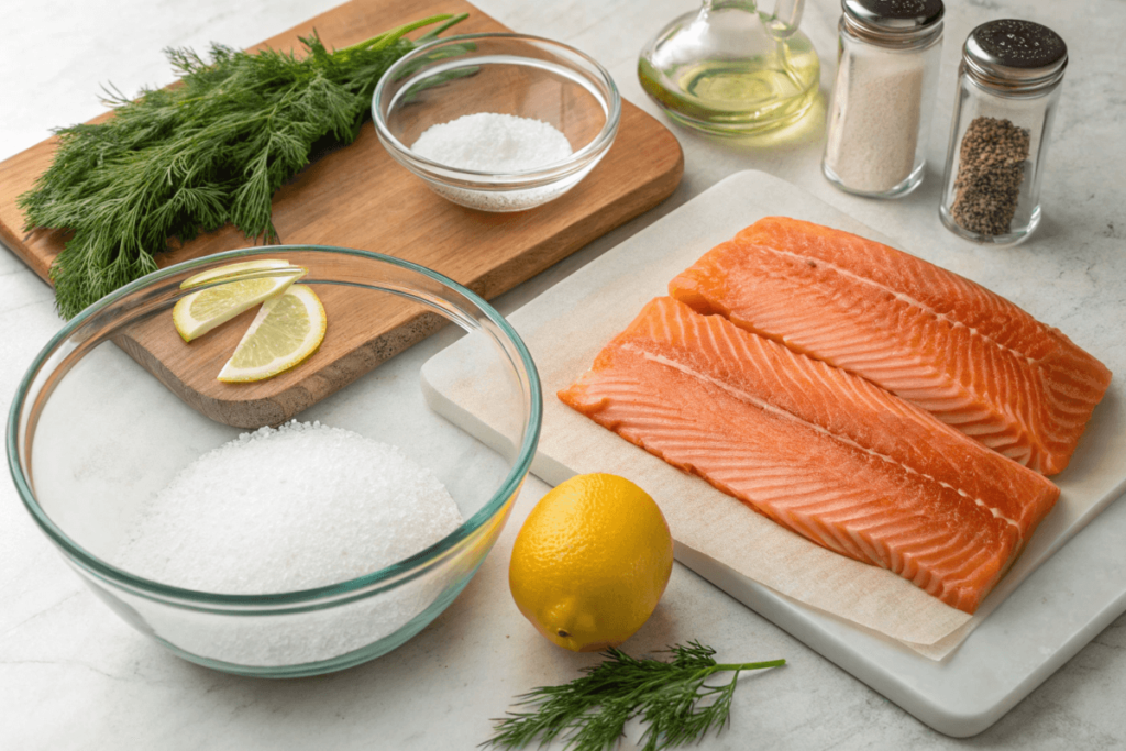  Fresh fish fillets with brining ingredients like salt, sugar, and dill on a kitchen counter.
