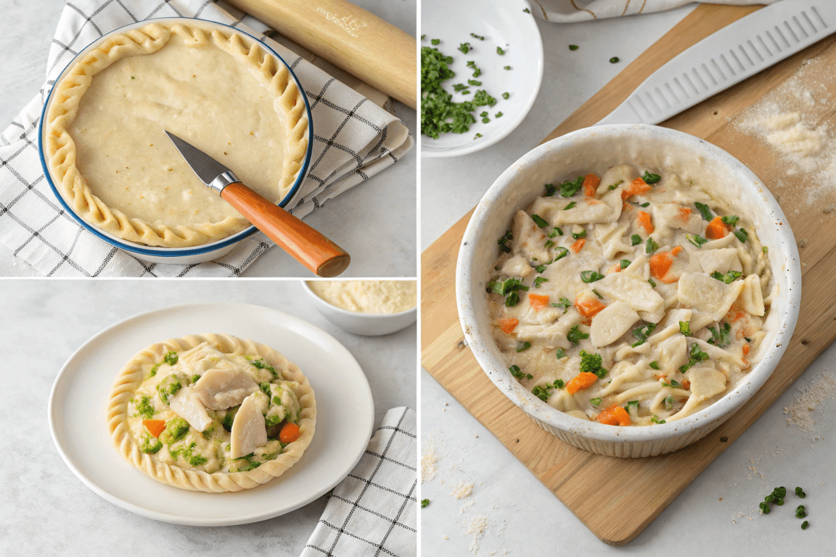 Step-by-step process of assembling a chicken pot pie, from crust to creamy filling.