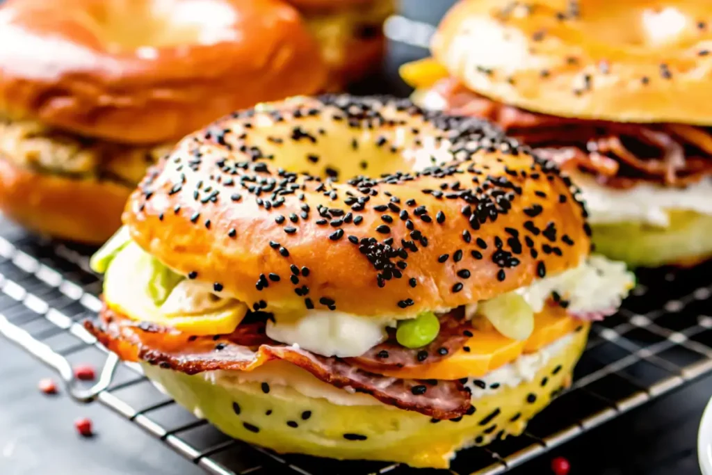 Freshly baked egg bagels on a wooden board, golden and chewy with a soft texture, perfect for a homemade breakfast.