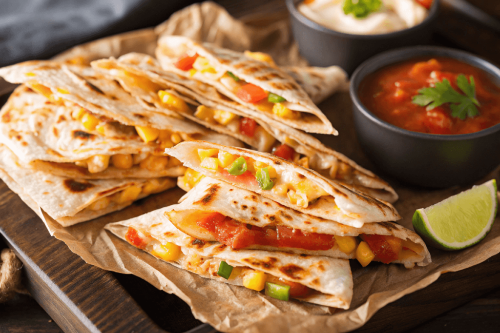 A bowl of creamy guacamole garnished with cilantro, a dish of pico de gallo, and crispy quesadilla triangles with lime wedges and tortilla chips."