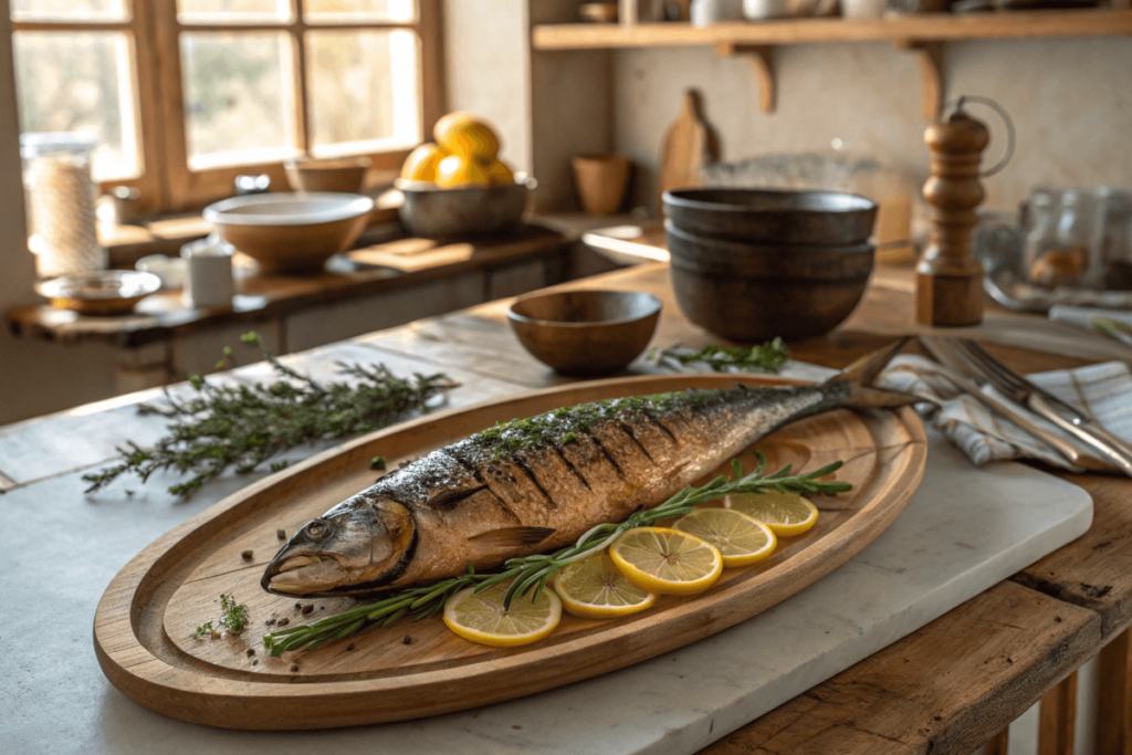 "Grilled bonito fish garnished with lemon slices and fresh rosemary on a wooden platter."